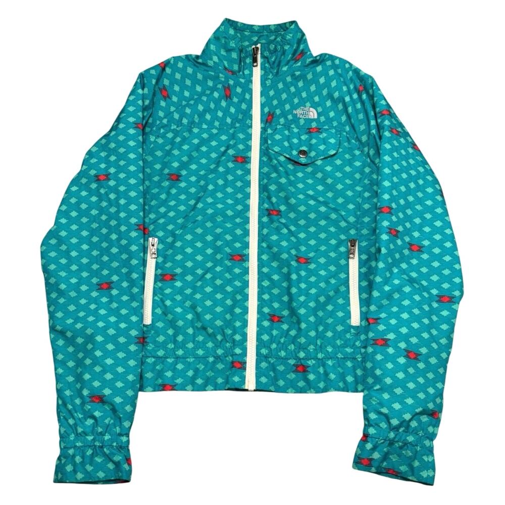 The North Face Jacket Windbreaker Green Aztec Geometric Pockets Ruffle‎ Zip